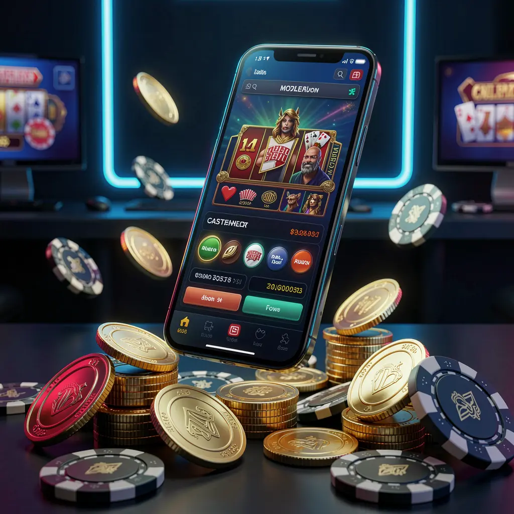 ARAW99 online casino app promotion banner with a phone floating above golden coins and poker chips against a dark blue and black background with cinematic neon glow