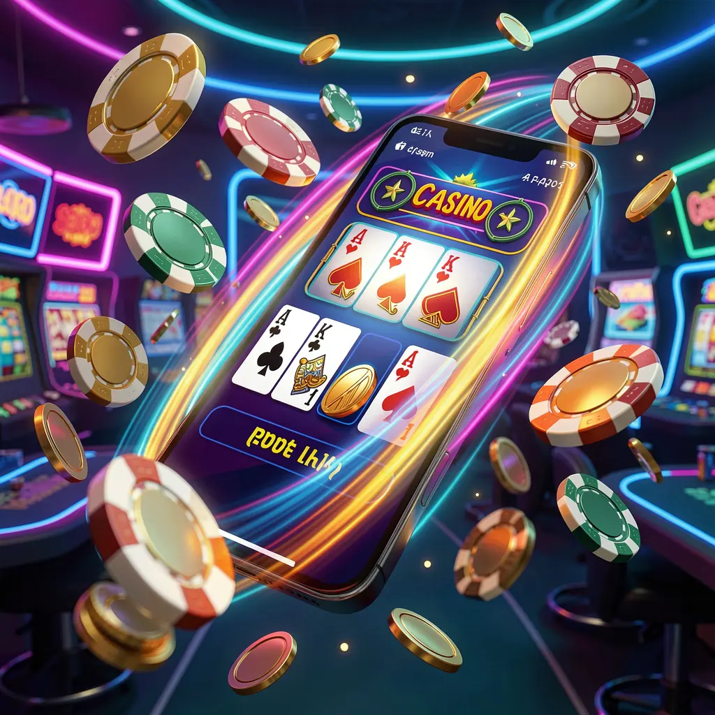 Smartphone displaying ARAW99 casino app with fast access, surrounded by flying coins and chips against a modern neon casino background with dynamic speed light trails