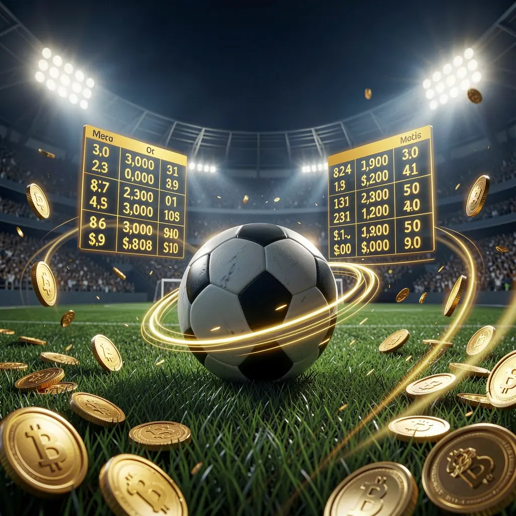 ARAW99 sports betting page hero banner showing a football stadium at night with bright floodlights, a soccer ball on green grass, glowing odds panels, golden coins, and dynamic light trails in a premium dark blue and gold cinematic 3D render