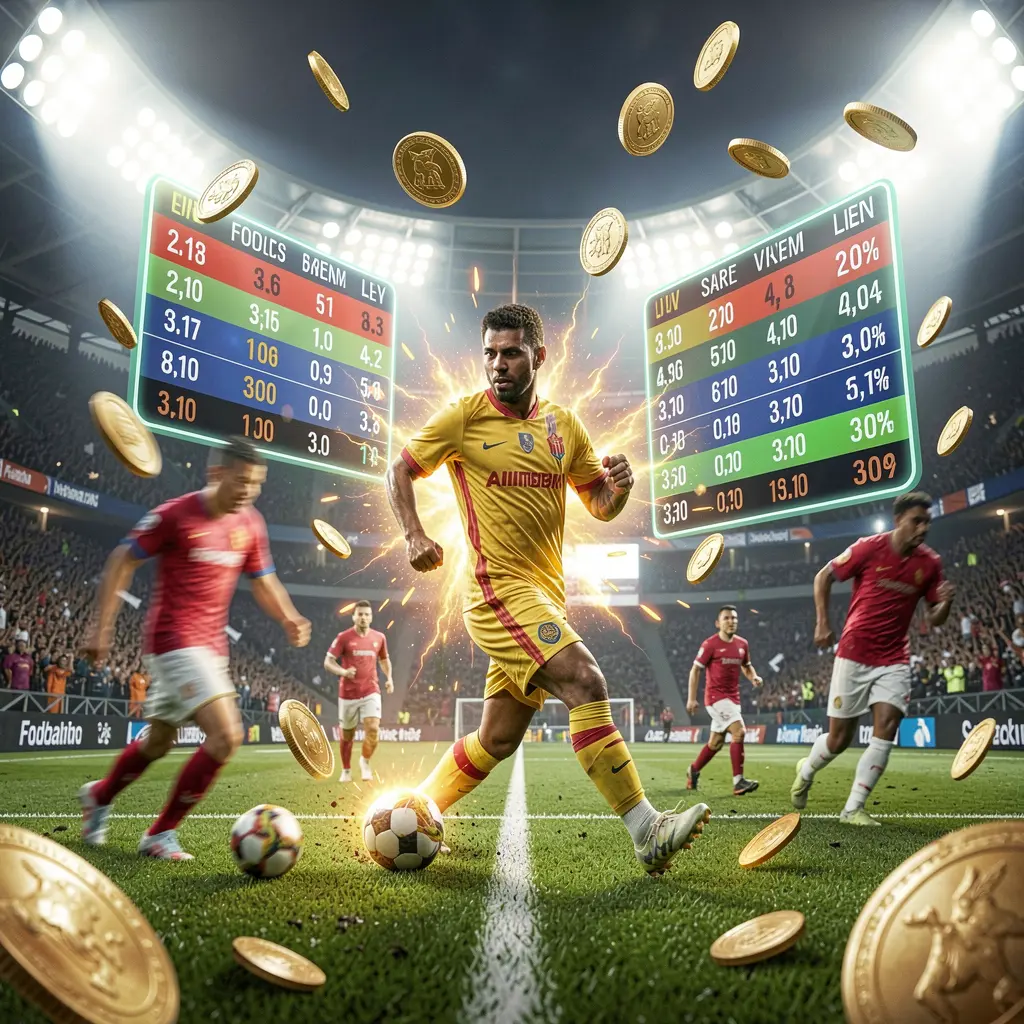 Live football betting scene at a soccer stadium with bright lights and blurred players in action, featuring floating odds panels and coins, showcasing dynamic energy effects in a premium cinematic render by ARAW99