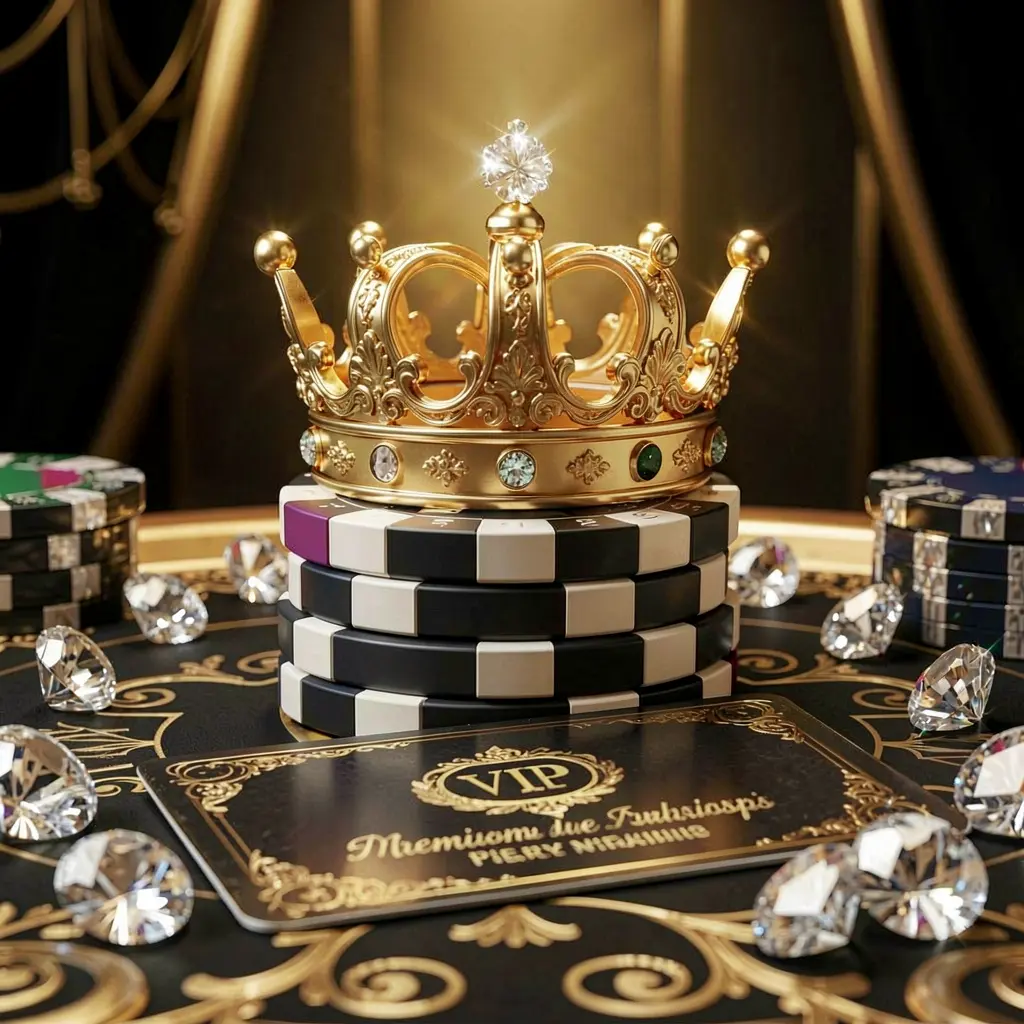 Elegant golden crown on poker chips with sparkling diamonds and a premium membership card, set against a luxury black and gold background, representing ARAW99 VIP casino rewards in an exclusive high-end casino atmosphere