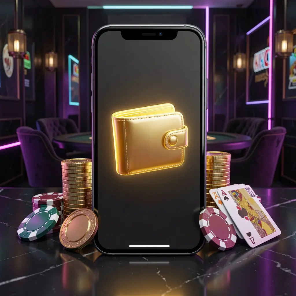 ARAW99 online casino deposit bonus concept with a smartphone screen displaying a glowing wallet icon surrounded by stacks of golden coins, poker chips, and bank cards on a dark luxury background with neon highlights