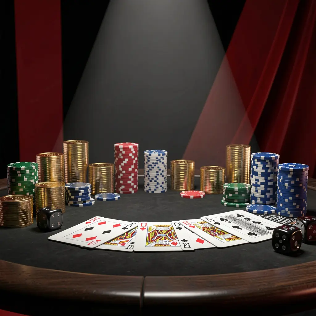 ARAW99 casino table featuring a royal flush in poker cards, colorful poker chips, golden coins, and dice on a luxury black and red background with dramatic spotlight in a realistic 3D render
