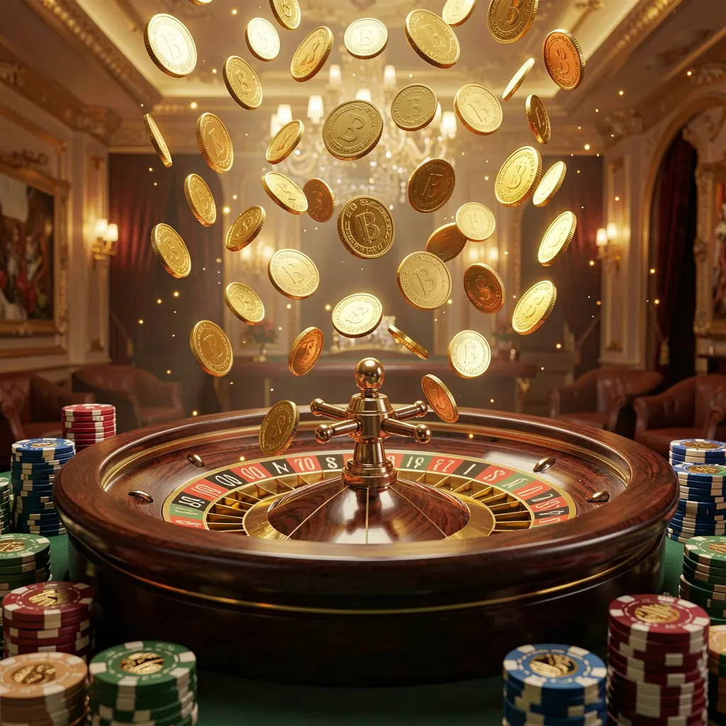 ARAW99 premium online casino banner with golden coins raining over a roulette wheel and poker chips against a glowing luxury background in a dynamic 3D render