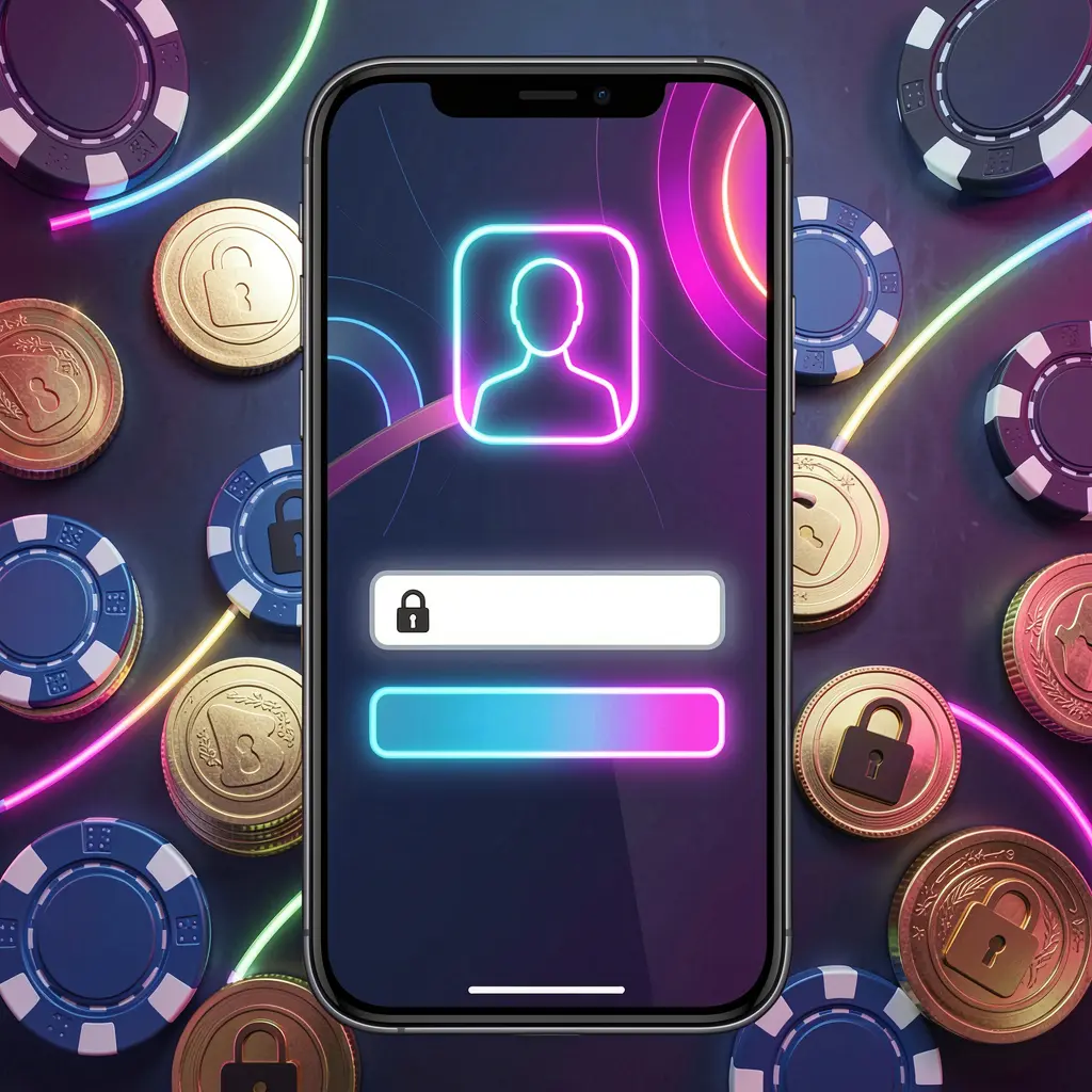ARAW99 mobile gaming login page concept on a smartphone featuring an abstract login interface with user and lock icons, surrounded by casino chips and coins under luxury neon lighting