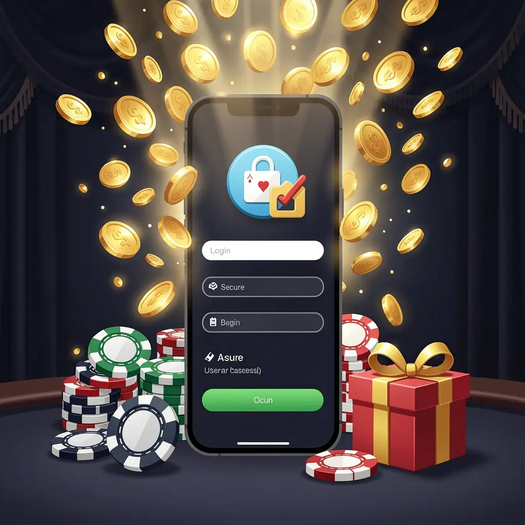 ARAW99 casino user login illustration showing a phone with secure access icon, golden coins bursting from the screen, poker chips and a gift box nearby on a dark premium background