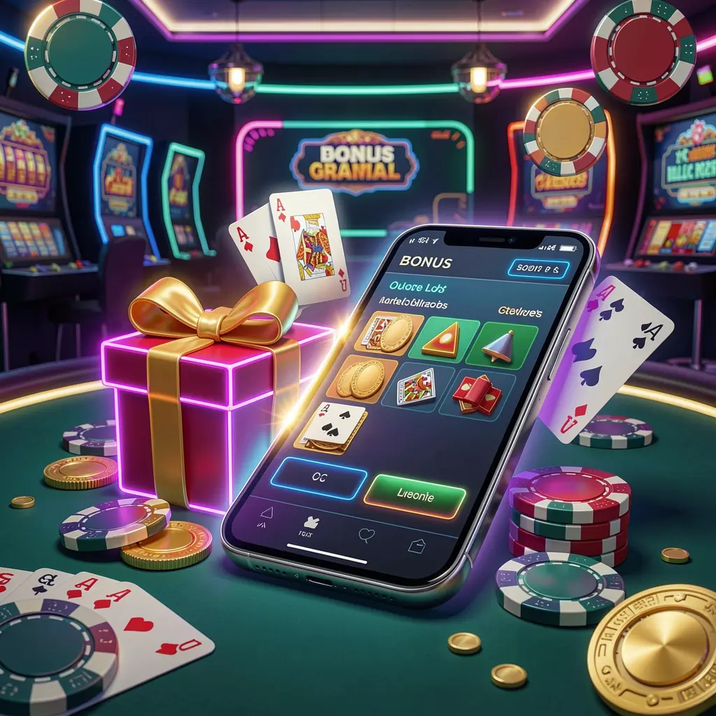 Modern casino website hero scene featuring a smartphone with glowing interface surrounded by bonus gift box, chips, coins, and playing cards in premium neon casino style, showcasing ARAW99 brand